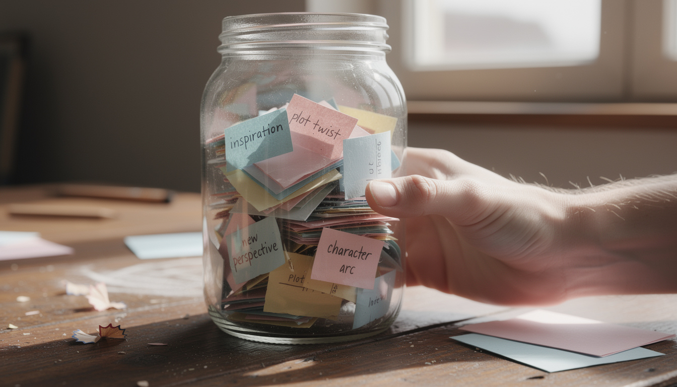un bocal d'idées rempli de mots inspirants pour vous aider à surmonter le syndrome de la page blanche chaque jour pendant 365 jours.