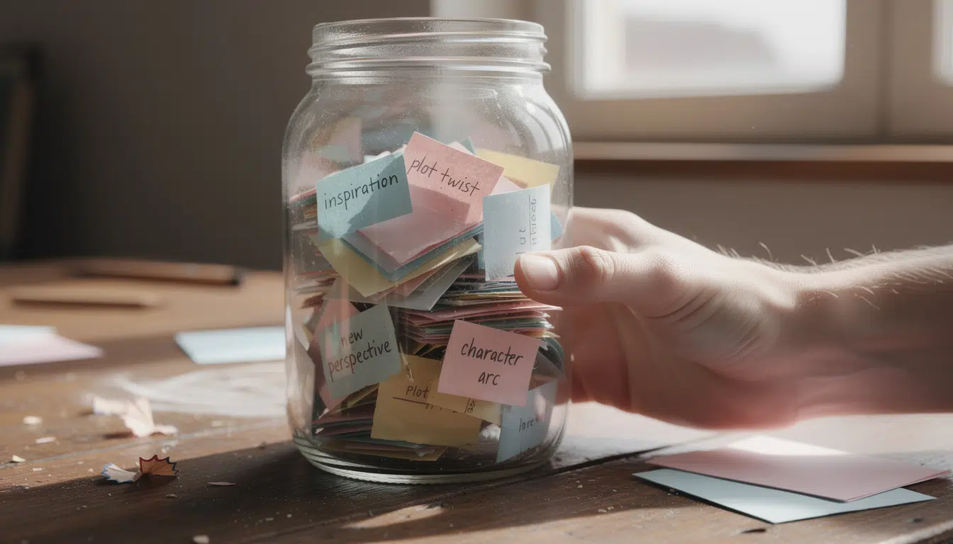 un bocal d'idées rempli de mots inspirants pour vous aider à surmonter le syndrome de la page blanche chaque jour pendant 365 jours.