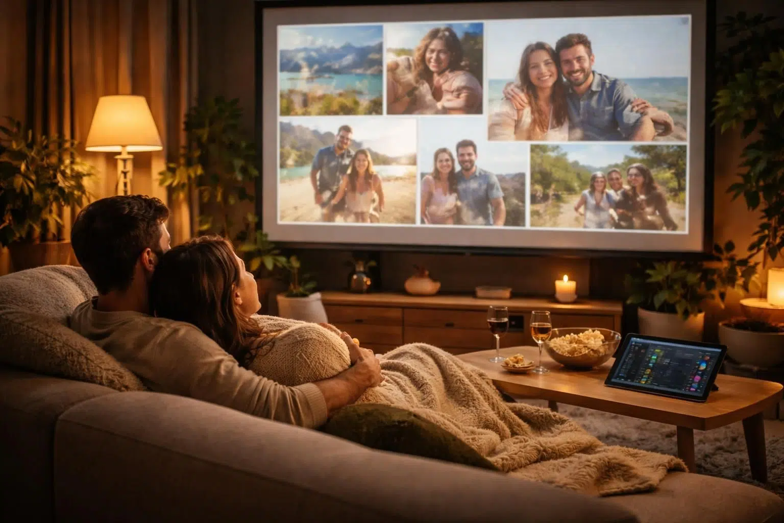 découvrez une expérience unique de date à domicile avec une playlist personnalisée et des photos projetées sur écran de projection pour une ambiance romantique et mémorable.